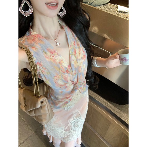 Sun雅乔【游园会】夏季无袖雪纺莫奈油画晕染扭结收腰背心上衣女