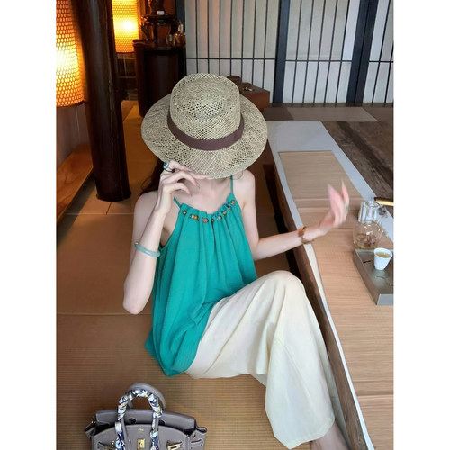 Sun雅乔【尼罗河】夏季小众度假风串珠宽松慵懒度假吊带上衣女