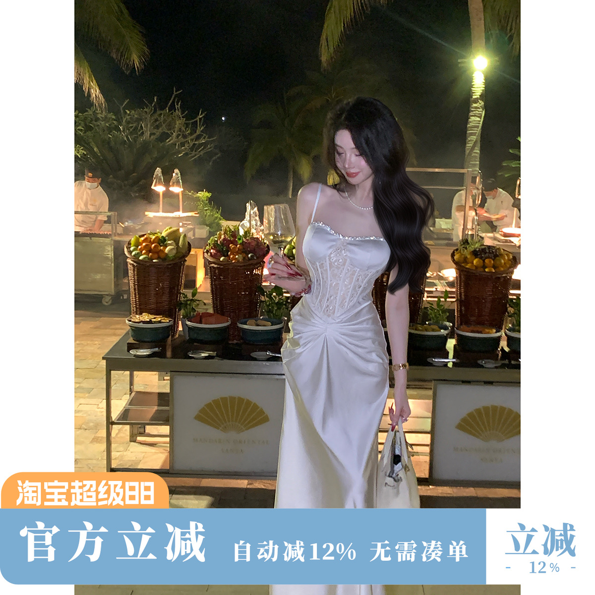 雅乔【女神降临】夏季气质法式名媛蕾丝拼接鱼骨吊带连衣裙礼服裙