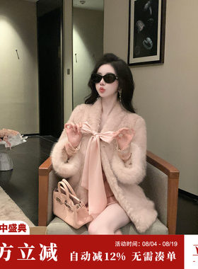 Sun雅乔【黛芙妮】冬装加厚仿皮草毛毛蝴蝶结系带环保毛绒外套女