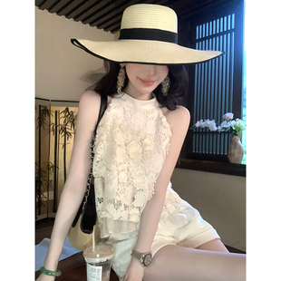 Sun雅乔【雾里白兰】夏季娃娃衫重工水溶蕾丝立体花挂脖短上衣女