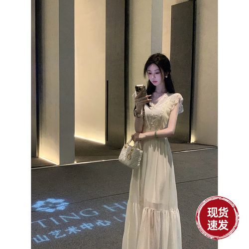 Sun雅乔【天鹅湖】双版本长短款蕾丝花边珍珠雪纺连衣裙两件套