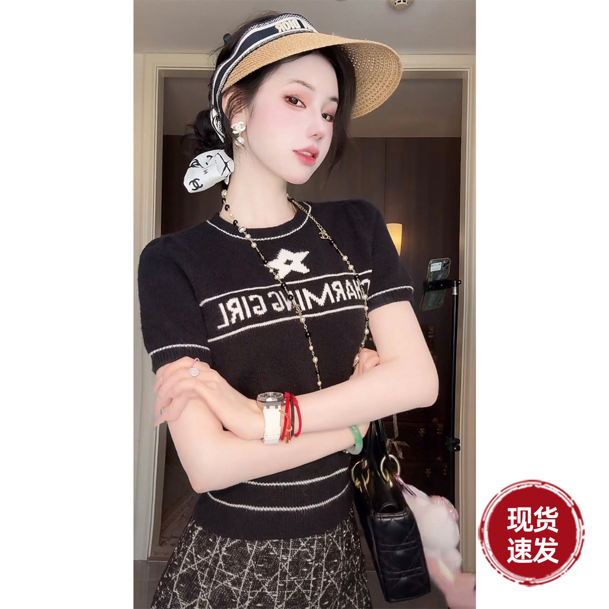 Sun雅乔【幸运星】早秋新款针织衫复古字母短袖T恤女初秋毛衣上衣