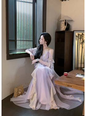 Sun雅乔【仲夏夜】夏季重磅气质金线刺绣晕染碎花荷叶边连衣裙