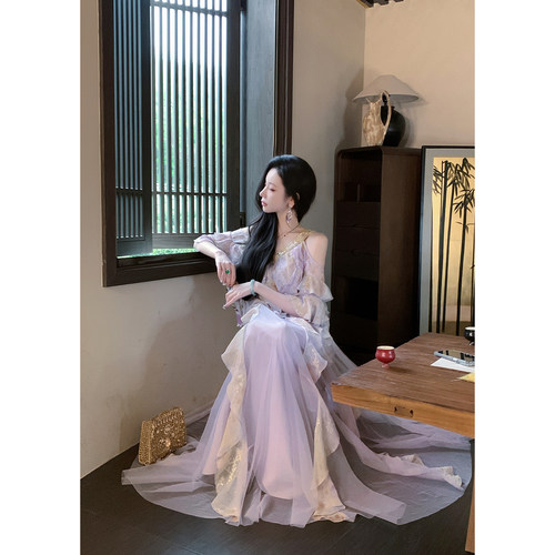 Sun雅乔【仲夏夜】夏季重磅气质金线刺绣晕染碎花荷叶边连衣裙