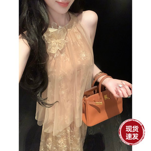 Sun雅乔【花影双生】夏季氛围感高级感珠片绣花网纱连衣裙长裙子