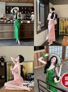 Sun雅乔【忽逢桃花林】夏季V领不对称荷叶边雪纺印花连衣裙长裙