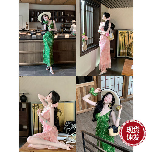 Sun雅乔【忽逢桃花林】夏季V领不对称荷叶边雪纺印花连衣裙长裙
