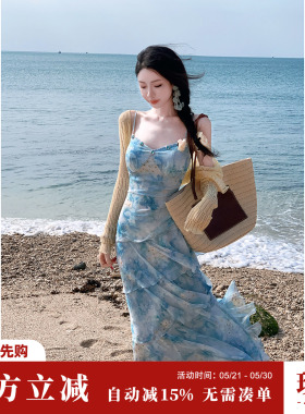 Sun雅乔【夏日海浪】蓝色晕染小雏菊雪纺吊带连衣裙
