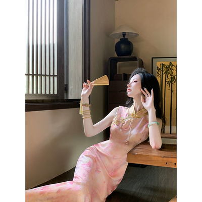 Sun雅乔【暗香盈袖】夏无袖连衣裙粉金晕染新中式人丝提花旗袍裙