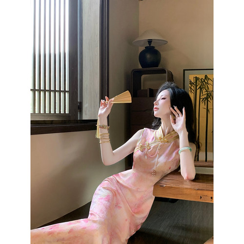 Sun雅乔【暗香盈袖】夏无袖连衣裙粉金晕染新中式人丝提花旗袍裙
