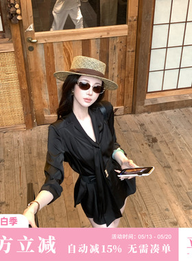 Sun雅乔【墨色流风】高级垂坠感缎面黑色衬衫女长袖