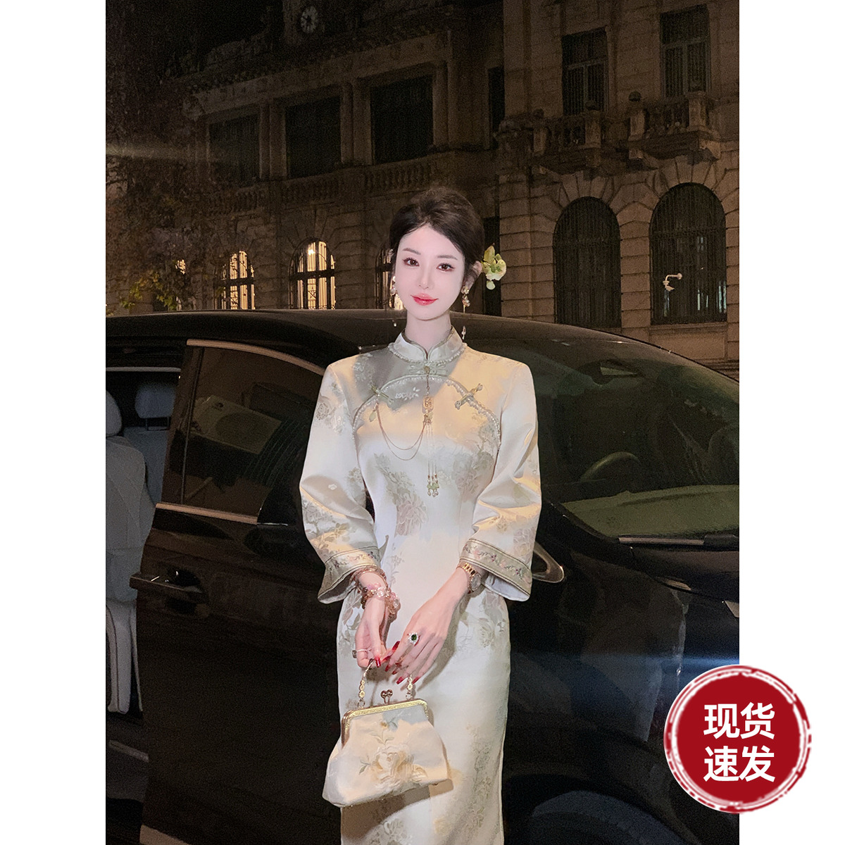 Sun雅乔【书禾】早秋新款提花缎面七分袖新中式国风旗袍裙中长裙