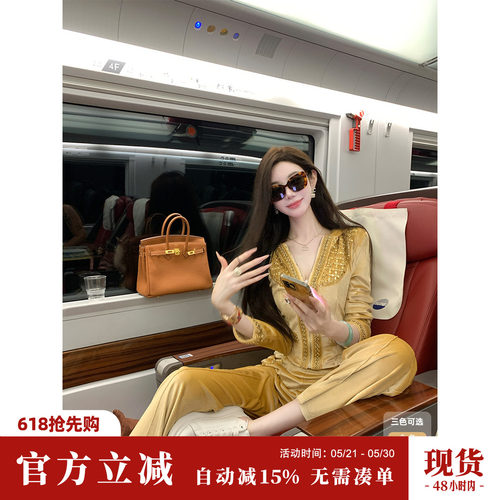 Sun雅乔 秋冬时尚运动休闲连帽修身卫衣外套阔腿裤丝绒两件套装女