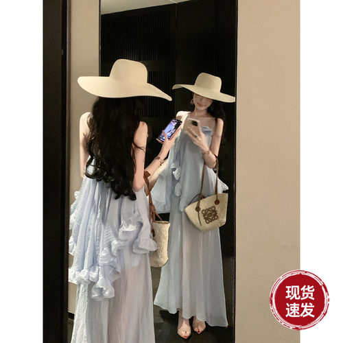 Sun雅乔【滨湖之恋】夏季蓝色小众不规则荷叶边天丝吊带连衣长裙