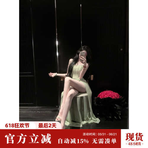 Sun雅乔【雅典娜】夏装巨好看蕾丝网纱鱼骨收腰开衩吊带连衣长裙