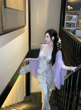 Sun雅乔【桃枝春色】夏季大女主斜裁紫色碎花花朵飘带吊带连衣裙