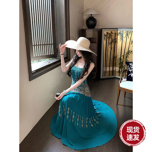 Sun雅乔【拜占庭】夏季无袖轻奢重工钉珠刺绣A字时尚大摆连衣长裙