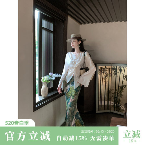 Sun雅乔【山长水阔】夏季小众油画感艺术印花感褶皱半身裙长裙子