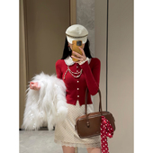 Sun雅乔 复古波点娃娃领红色针织上衣 波点半身裙A字短裙