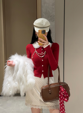 Sun雅乔 复古波点娃娃领红色针织上衣+波点半身裙A字短裙