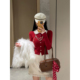 Sun雅乔 复古波点娃娃领红色针织上衣 波点半身裙A字短裙