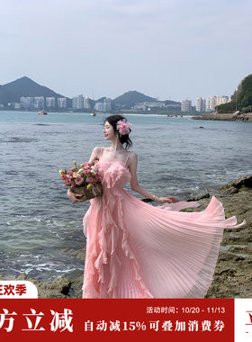 Sun雅乔【夏日粉荷】仙气飘飘荷叶边百褶长裙连衣裙