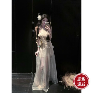 Sun雅乔【清风款款】夏季无袖度假风荷叶边挂脖连衣裙欧根纱长裙
