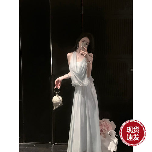 Sun雅乔【江百合】夏季气质优雅假两件不对称挂脖网纱雪纺连衣裙