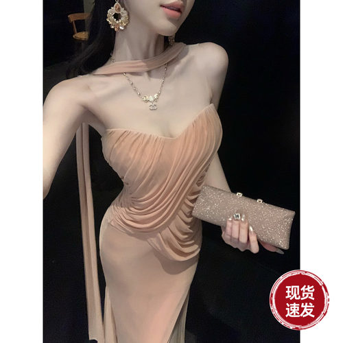 Sun雅乔【维纳斯】夏季抹胸裙手工抽褶弹力网纱挂脖飘带连衣裙