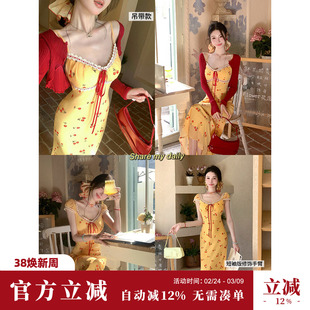 雅乔【樱桃蜜酿】2个版夏季海边度假风蕾丝花边小樱桃碎花连衣裙