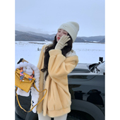 Sun雅乔 蕾丝连帽假两件环保皮草外套女 长袖 蜜桃乳酪 秋冬新款