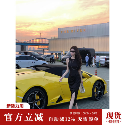 Sun雅乔【星耀于夜】夏季轻奢显瘦高级感黑色缎面烫钻挂脖连衣裙