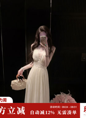 Sun雅乔【月下清晖】夏季白月光V领蕾丝花边钉珠收腰无袖连衣裙子