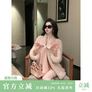 加厚仿皮草毛毛蝴蝶结系带环保毛绒外套女 冬装 Sun雅乔 黛芙妮