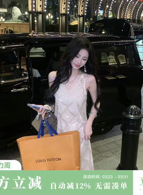 Sun雅乔【顶奢典藏】夏季无袖V领重工钉珠无袖连衣裙高级感背心裙