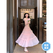 Sun雅乔【花园假日】夏粉色甜美修身两穿一字肩小飞袖蛋糕连衣裙