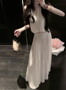 Sun雅乔【卡洛琳】夏装气质无袖白色雪纺上衣女半身长裙两件套装