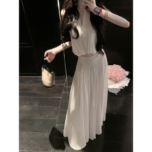 气质无袖 Sun雅乔 卡洛琳 夏装 白色雪纺上衣女半身长裙两件套装