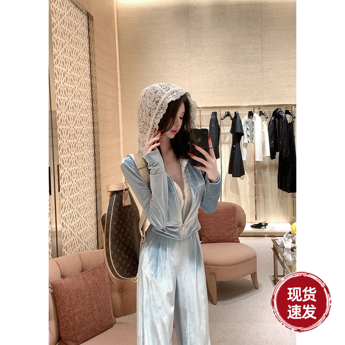 雅乔【华丽派对】2025新款冬蕾丝假两件丝绒卫衣阔腿裤运动套装女