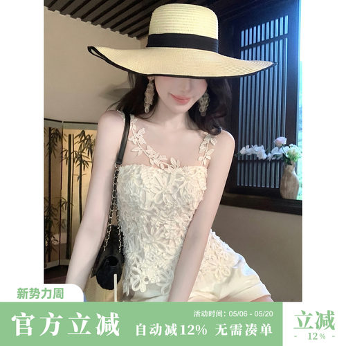 Sun雅乔【月见花影】夏季韩系甜美重工法式小众盘花绣网纱T上衣女