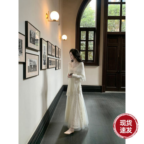 Sun雅乔【月下伊人】春秋新款清冷感针织网纱蕾丝拼接长袖连衣裙