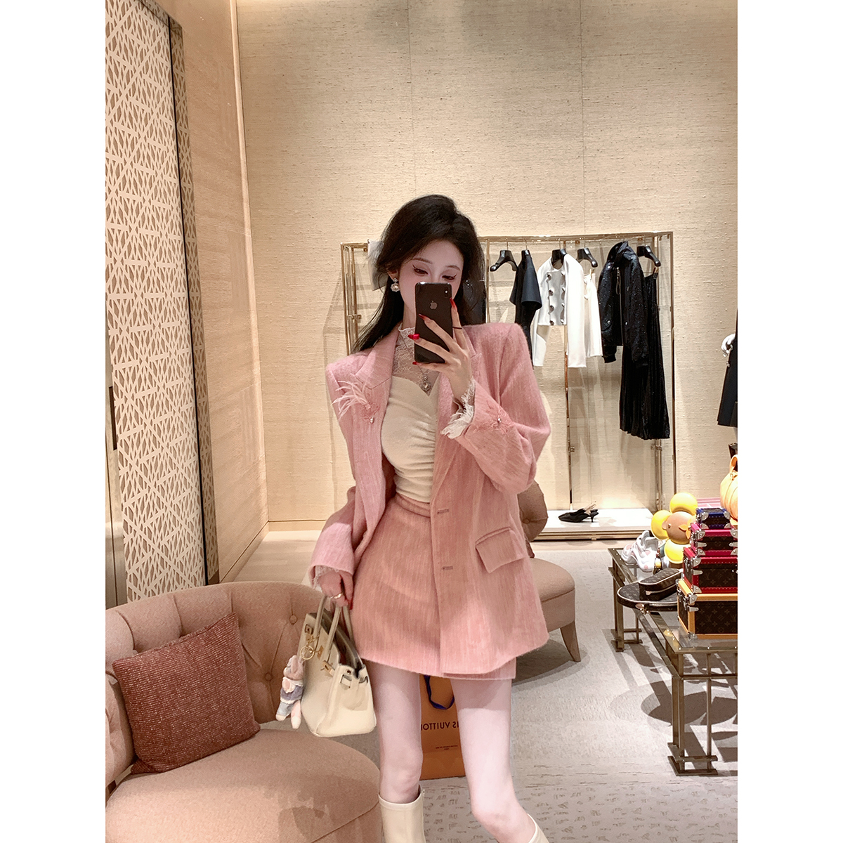 Sun雅乔【粉雾珍妮】2025秋装贵族粉色西装外套半身裙两件套装女