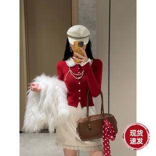 Sun雅乔 波点半身裙A字短裙 复古波点娃娃领红色针织上衣