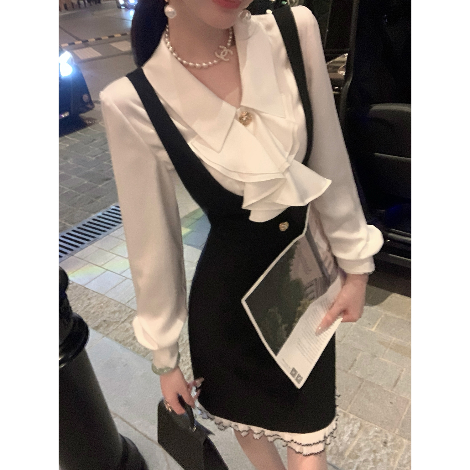 Sun雅乔【温莎贵族】秋季法式收腰优雅黑色减龄背带连衣裙短裙