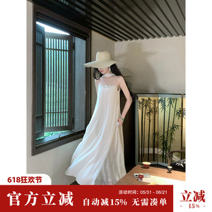 Sun雅乔【心怀山海】夏季优雅气质钉珠飘带天丝醋酸无袖连衣长裙