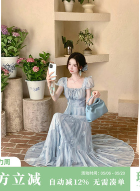 Sun雅乔【椰椰海风】 夏季甜美法式复古方领泡泡短袖晕染连衣裙子