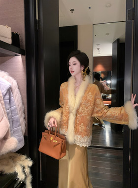 Sun雅乔【金棠雪】冬装长袖新中式狐狸毛丝绒网纱刺绣鹅绒服外套