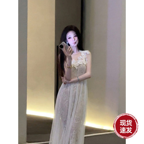Sun雅乔【云间花事】夏季无袖宽松白色水溶蕾丝拼接网纱A字连衣裙