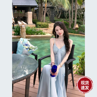 Sun雅乔 V领钻链飘带吊带连衣裙女神长裙 飘